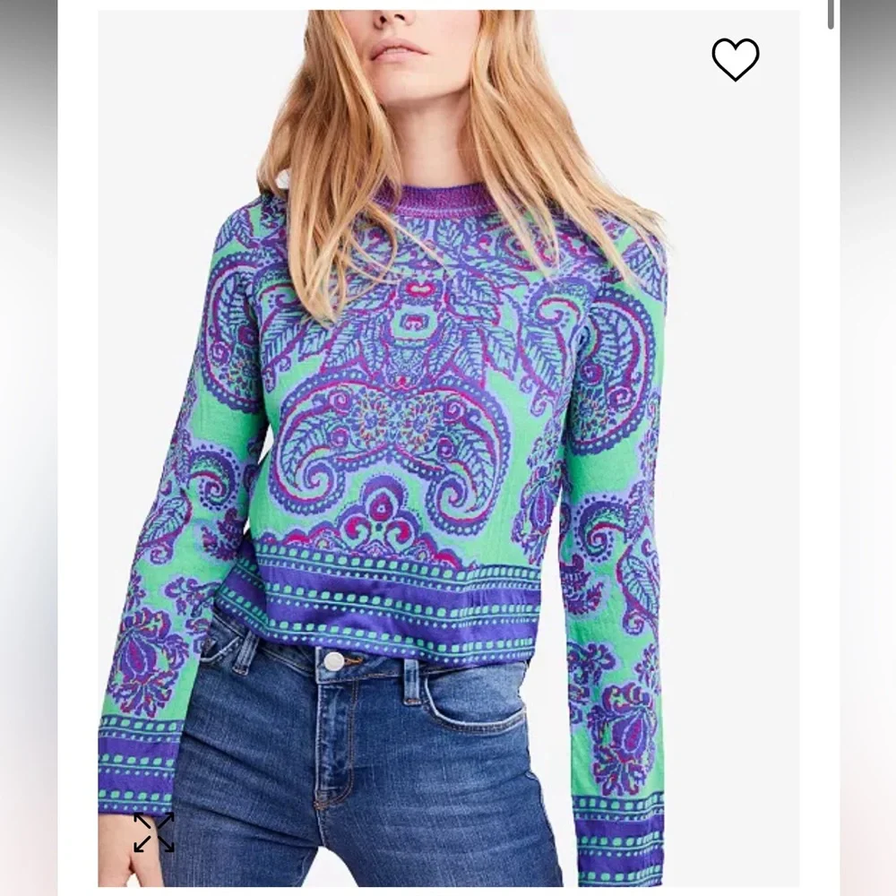 Free People Size XS Purple Green Printed New Age Cropped Sweater